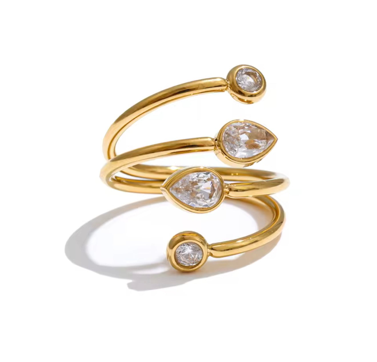 Anillo ajustable con cristales circulares y gotas dorado