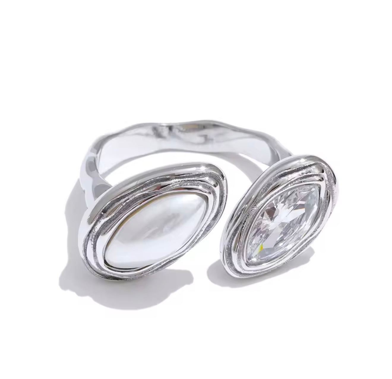 Anillo abierto perla con cristal ajustable plateado