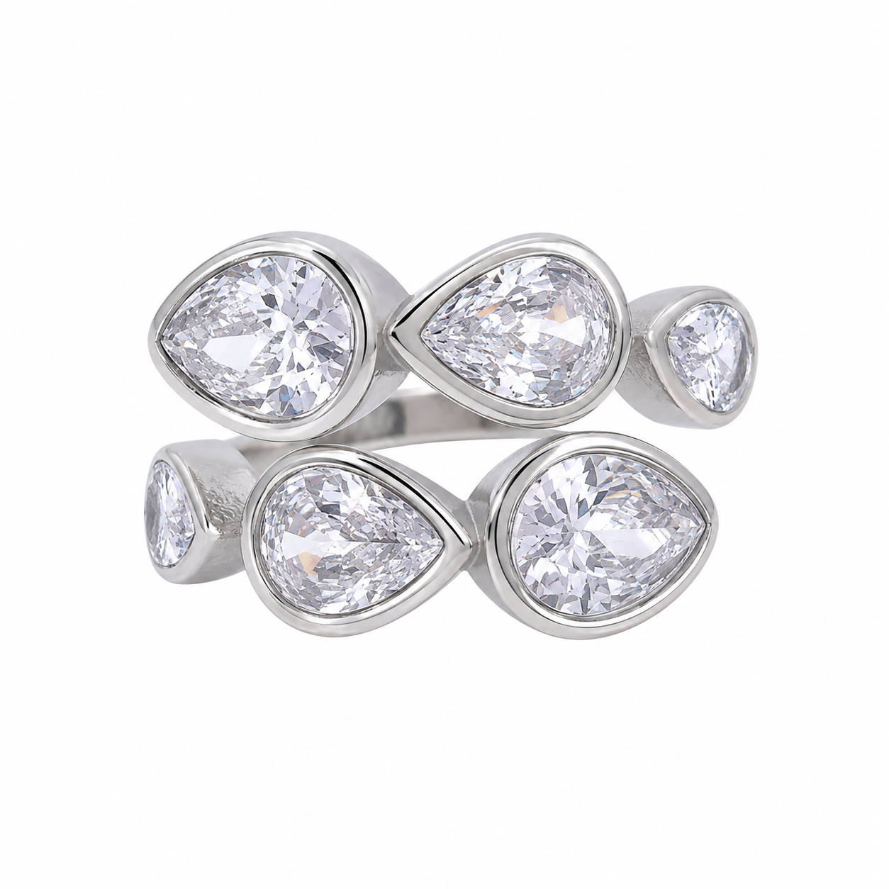 Anillo ajustable con cristales de gotas plateado