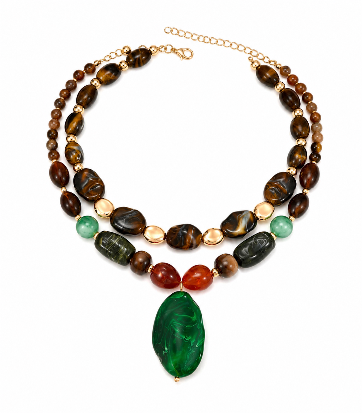 Collar doble de piedras con dije verde grande