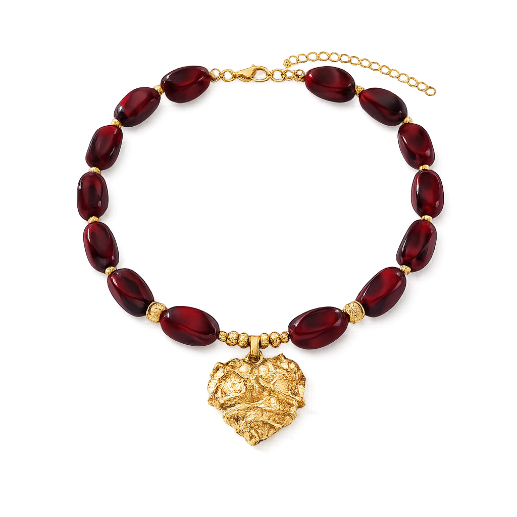 Collar dije grande de corazones con piedras guindas