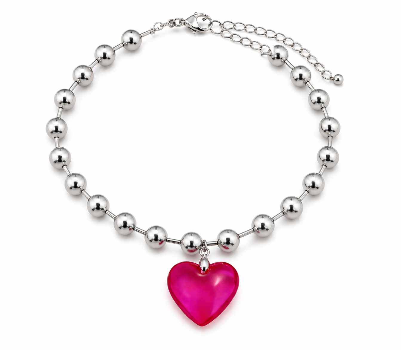 Collar bolitas plateadas con dije de corazón rosa