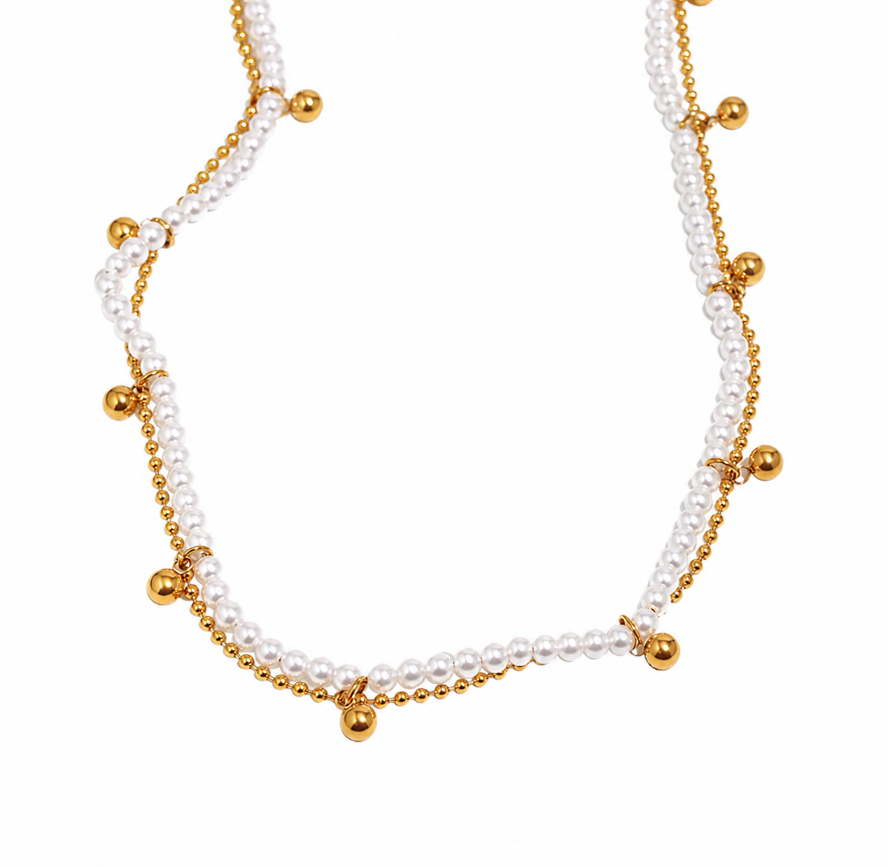 Collar doble trenzado de perlas y bolitas doradas