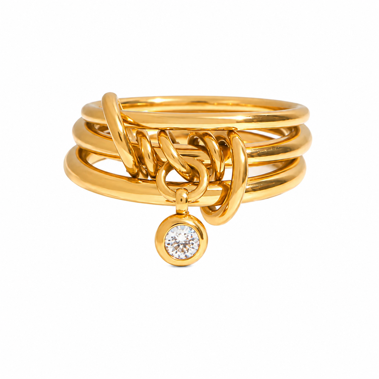 Trío de anillos con brillo colgante y argollitas doradas