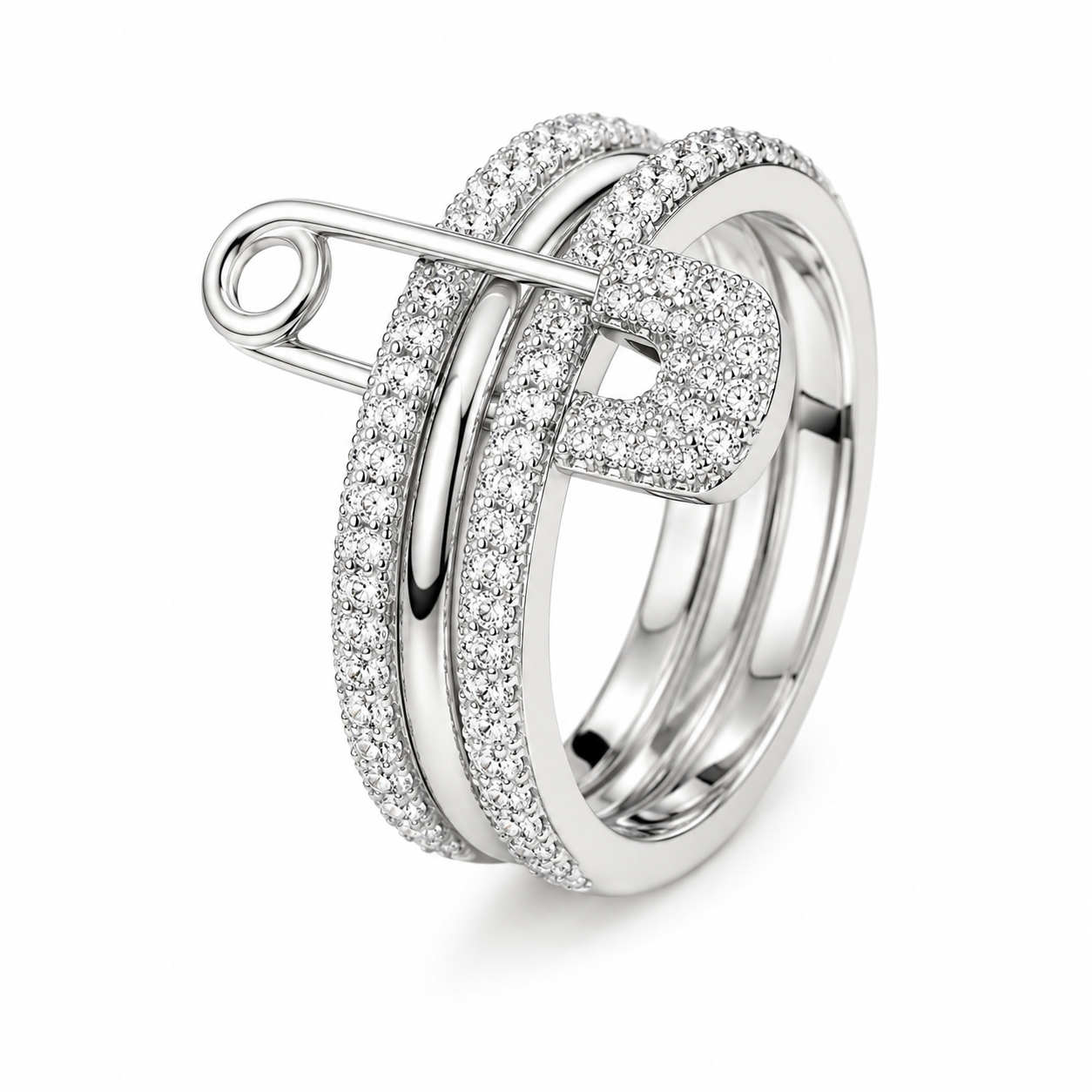 Anillo capas con seguro y cristalinos plateado