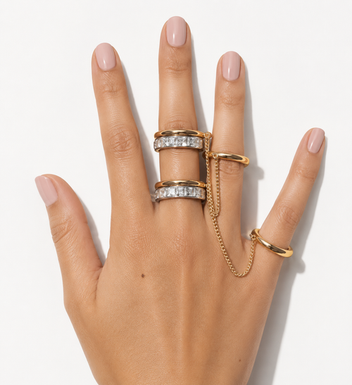 Anillo doble con cadenita bicolor
