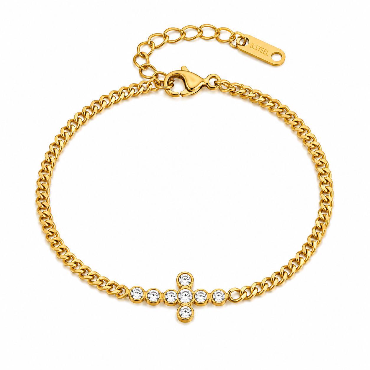 Pulsera cadena con cruz e incrustaciones